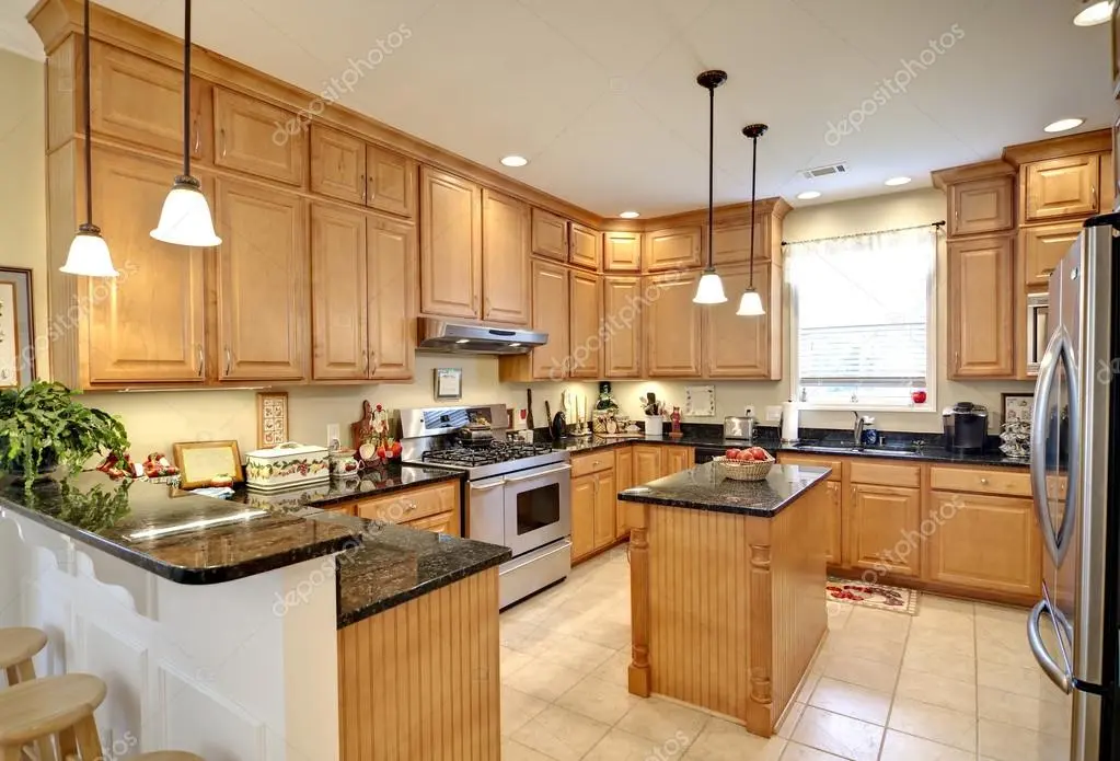 Remodeled kitchen with new cabinets and countertops